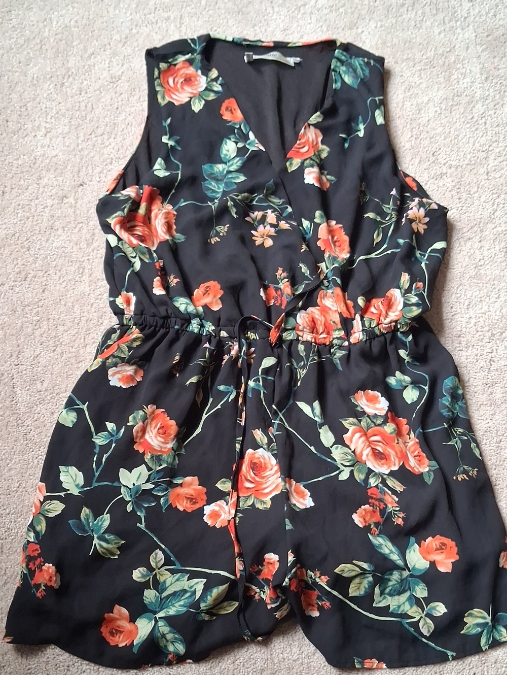 Sleeveless Black Floral Romper with Coral Roses